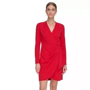 DKNY Womens Red Draped Ruched Sheath Long Sleeve Knee Length Wrap New Dress 2P